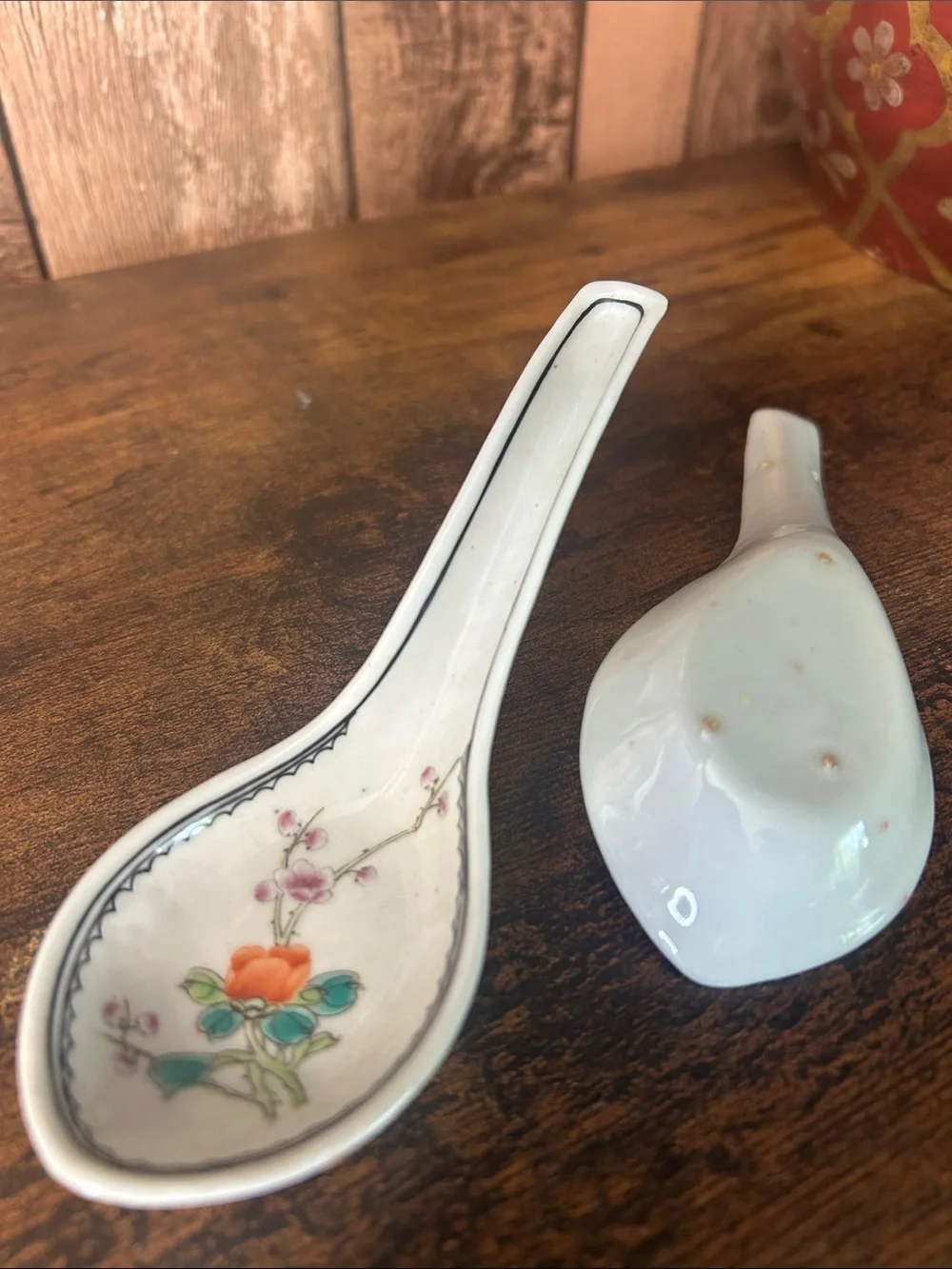 Porcelain Floral Soup Spoons - White with Orange Floral Accent